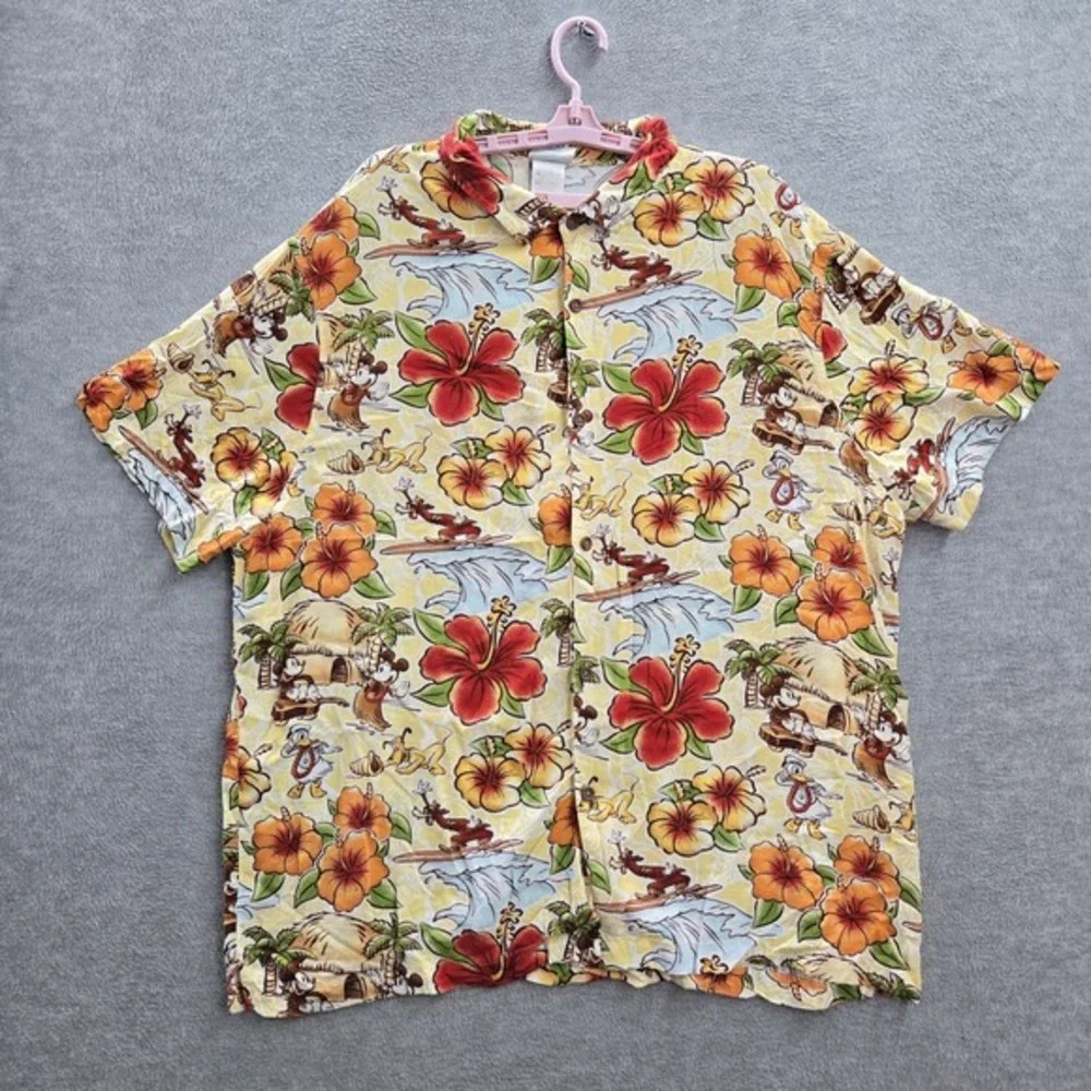 Disney‎ Parks Men Button Up Shirt 2XL Yellow Floral Hawaiian Mickey Minnie Mouse